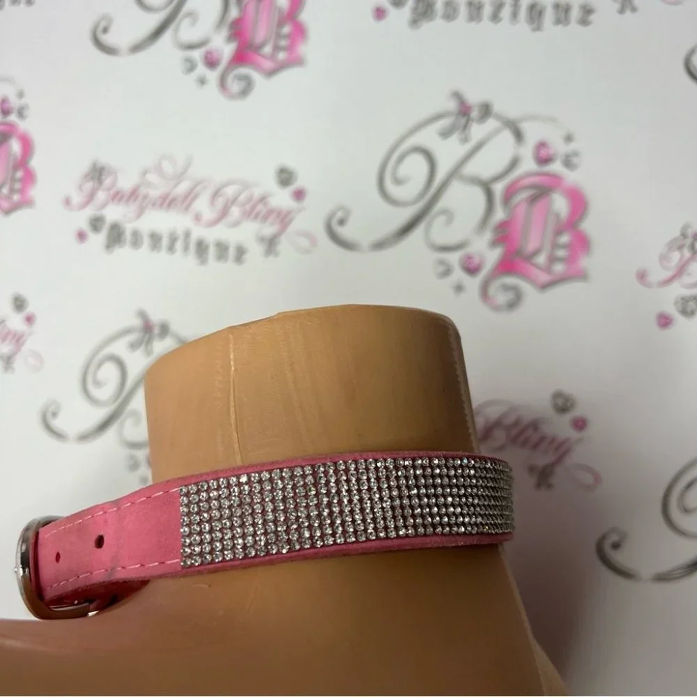 Bling collar rhinestone diamonds animal dog necklace collar choker suede pink
